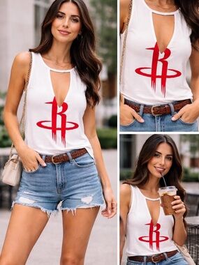Express White Tank with Red Graphic Keyhole Front